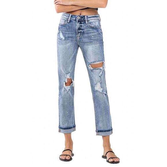NEW VERVET BY FLYING MONKEY high rise cuffed distressed paint boyfriend jeans in - Picture 4 of 5